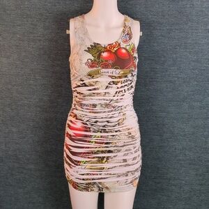 Fashion Magazine Ed Hardy-esque Rusched Mini-Dress